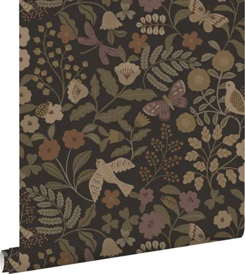 Obrázek produktu pro ESTAhome Tapety květiny a ptáci tmavě hnědá,olivová a lila fialová - 139872 - 50 x 900 cm