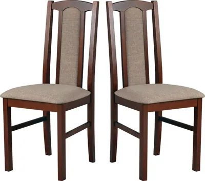 Two wooden dining chairs with beige upholstered seats and backs, presented against a white background.
