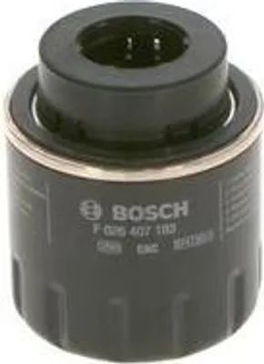 A black Bosch oil filter with a gold ring around the middle, shown against a light gray background.