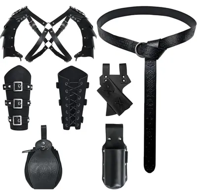 Produktbild von Mittelalter Accessoires Set für Herren 6 Stück mit Gürtel, Armschützer, Gürteltasche, Schulterpanzer, Schwarz