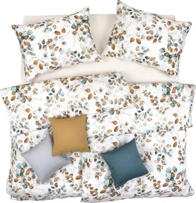 Obrázek produktu pro SCANquilt povlečení SATÉN DESIGN listy tyrkysovozlatá 100% dlouhovlákná česaná bavlna 140 x 200/70 x 90 cm