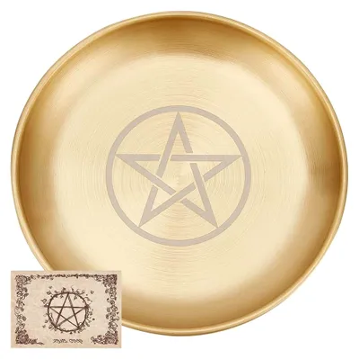 Produktbild von Pentagramm Altarplatte Stern Tarotplatte Rituelles Brennen Kerzenhalter Teller Schalen Opfergaben Weihrauchbrenner Flache Schale Mit Altarkarte Tarotzubehör Für Hexerei Wicca Gold 14x14cm