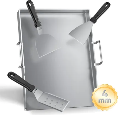 Image de Plancha - plaque de cuisson - acier inoxydable 4 mm, dimensions 30 x 40 cm, set de spatules, set de 20 feuilles de papier pour hamburgers - gris foncé