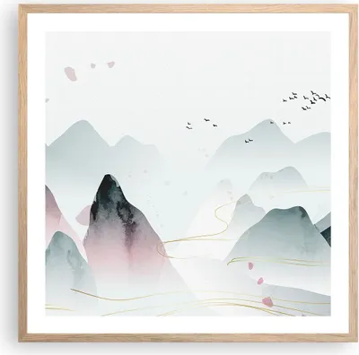 Produktbild von Gerahmtes Poster - Rahmen in heller Eiche - Berge Vögel Modern - 60x60 cm - Wand Bild - Wanddeko - Wandbilder - Kunstposter - Wandposter - Bilderrahmen - Bilder - Kunstdruck - P2NAC60x60-4822