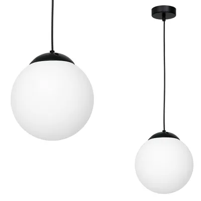 Two black and white pendant lights against a white background.