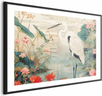Produktbild von Posterpapier Poster - Over the Asian Pond - illustration in the Japanese print style featuring a heron 90x60 cm Tiere g-H-10110-ao-a