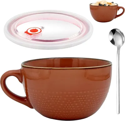 Produktbild von Große Tasse Keramik,700ml Müslischalen(dunkelrot)Kaffeebecher mit Henkel,Salat Schale,Teetasse Mit Deckel und Löffel,Porzellan Tasse für Geschenk