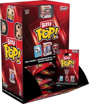 A display box of WWE Bitty Pop! Funko vinyl figures.