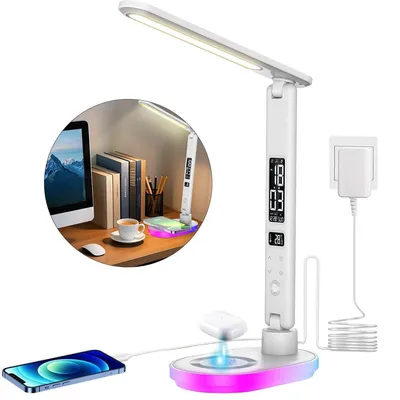 Produktbild von LED Schreibtischlampe dimmbar, 10W Qi Wireless Charger, USB, Wecker und Kalender, Touch Lampe, 3 Farbmodi, RGB Temperatur Datum