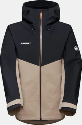 Hardshelljacke "Crater IV HS" von Mammut in Schwarz und Beige mit Kapuze und Reißverschluss.