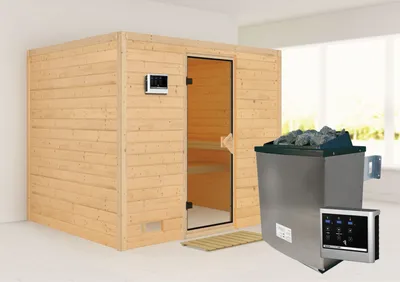 A wooden sauna cabin with a glass door and a separate sauna heater with stones and a control panel.