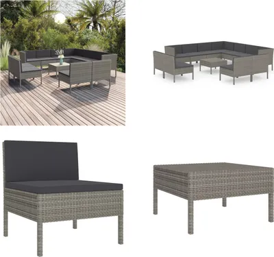 Produktbild von vidaXL 12 tlg. Garten Lounge Set mit Auflagen Poly Rattan Grau - Garten-Sofagarnitur - Garten-Sofagarnituren - Gartensofa-Set - Gartensofa-Sets
