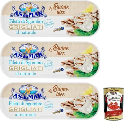 Produktbild von 3x AS do MAR Filetti di Sgombro Grigliati al Naturale,Natürliche Gegrillte Makrelenfilets und Vollsalz,120g Dose + Italian Gourmet Polpa di Pomodoro 400g Dose