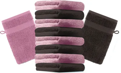 Produktbild von Betz 10 Stück Waschhandschuhe 16x21 cm PREMIUM 100% Baumwolle  Farbe: dunkelbraun und altrosa