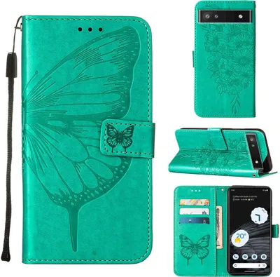 Produktbild von Google Pixel 7 Hülle, Schmetterling Prägung Flip Leder Kartenfächer Schutzhülle Ledertasche mit Ständer für Google Pixel 7 Grün