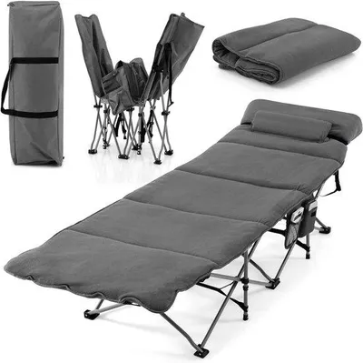 Productafbeelding van Veldbed - Campingbed - Buiten Ontspannen - Inklapbaar Met Kussen - 190 x 67 cm - Grijs