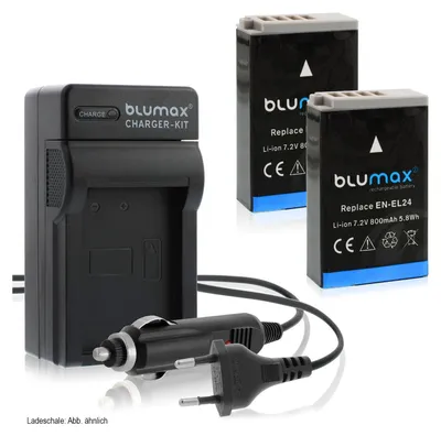 Produktbild von 2x Akku + Lader für Nikon EN-EL24 1 J5, DL18-50 f/1.8-2.8, DL24-85  800 mAh