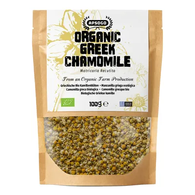 Produktbild von APSOGO Kamillentee aus Griechenland – 100g Kamillenblüten lose getrocknet - EU - Aromatischer Kamillen Tee ohne Zusatzstoffe