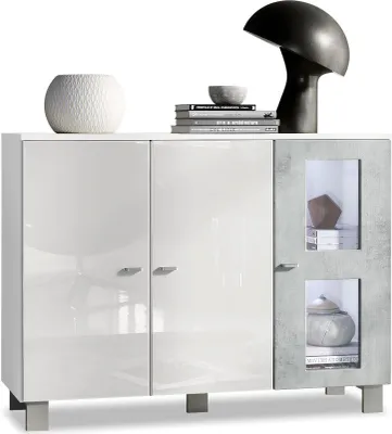 Produktbild von Vladon Sideboard Denjo,  Germany, Kommode mit 3 Türen, Weiß matt/Weiß Hochglanz/Beton Oxid-Optik, inkl. LED-Beleuchtung (107 x 81 x 35 cm)