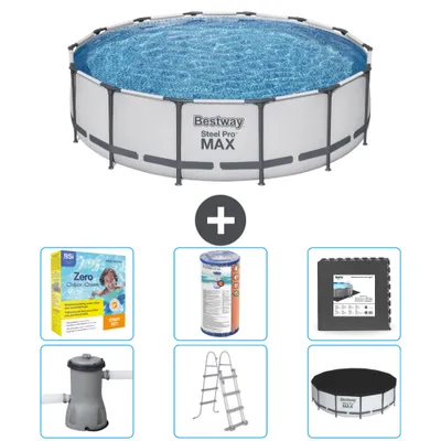 Produktbild von Bestway Round Steel Pro MAX Schwimmbad – 427 x 107 cm – Grau – inklusive Pumpe – Leiter – Abdeckung Wartungspaket - Filter - Bodenfliesen