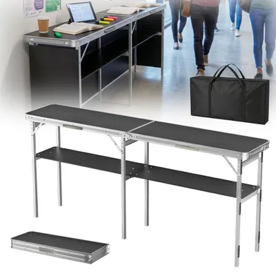 Obrázok produktu pre XINZI Skladacia výstavná pultová zostava, 196×38×85 cm, hliníková konštrukcia, 2 odkladacie plochy, MDF, prepravná taška, poťah z Oxfordu, barový pult vhodný na výstavy, trhy a kemping