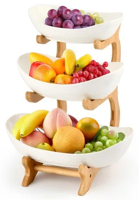 Image de Étagère à fruits à 3 niveaux - Céramique - Blanc - 20, 23 et 28 cm - Pour fruits et snacks