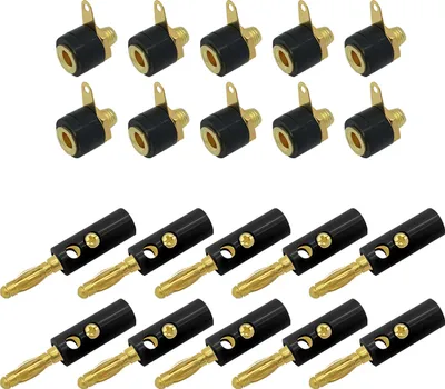 Produktbild von ARLI 10x Bananenstecker + 10x Bananenbuchse mit Lötfahne schwarz vergoldet bis 4 mm² Set