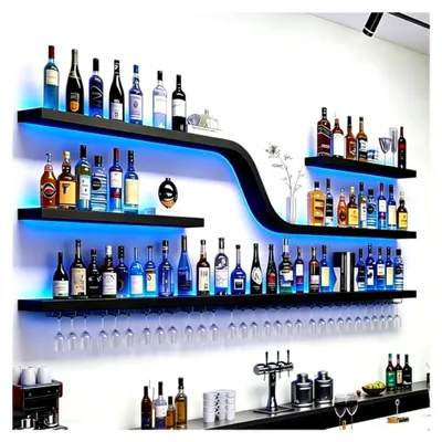 Produktbild von Weinregal zur Wandmontage mit Glashalter, 4 Ebenen, geschwungenes Industrie-Design aus Schmiedeeisen, multifunktionaler Weinflaschenhalter für Bar, Küche & Restaurant (Schwarz, 150*20*80cm)