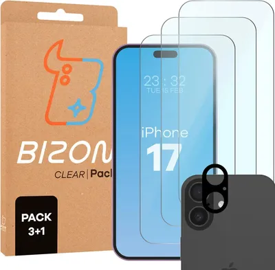 Produktbild von 3x Gehärtetes Glas + Kameraschutz für iPhone 17, Bizon Glass Clear Pack