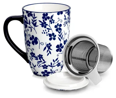 Produktbild von Teetasse mit Deckel und Sieb, große Porzellantasse, 540 ml Keramikbecher Set mit Edelstahl Sieb, modernes Teebecher Geschenk für Teeliebhaber
