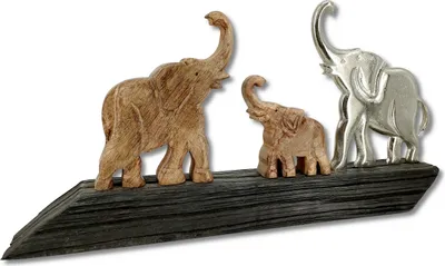 Produktbild von Holz und Metall Figur Elefanten Familie silber braun 55 x 29cm Dekofiguren Tisch-Deko Natur Dekoration Skulptur