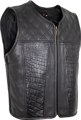 Produktbild von Herren Lederweste Biker Kutte Hunter Club Croco Prägung Motorradweste Schwarz(3XL)