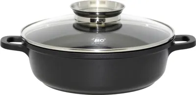 A black pot with a glass lid and silver handles is shown against a white background.