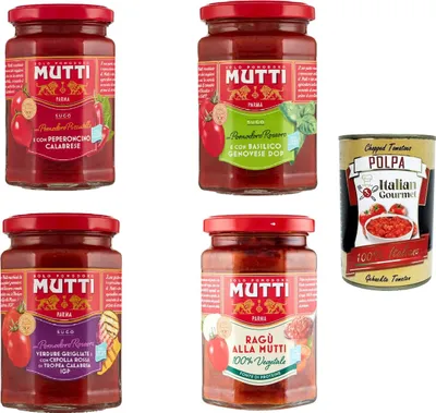 Produktbild von Mutti Sugo Testpaket, ragu', basilico, calabrese, con verdure, 4x 280g + Italian Gourmet polpa 400g