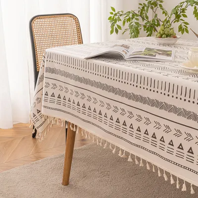 Produktbild von Tischdecke 90x90cm Schmutzabweisend Abwaschbar Bohemien Quaste Leinenoptik Tischdecken Rechteckig Küchentisch Abdeckung, Grau