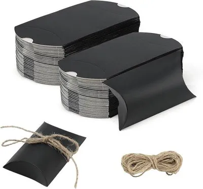 Image de Lot de 100 boîtes-coussins en papier kraft avec ruban de jute - Emballage cadeau rétro - Noir - Noël