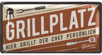 Produktbild von Retro Blechschilder Grillen - GRILLPLATZ - BBQ Grill Retro Deko - Grillplatz Schild Garten - Geschenk für Papas Grillecke Schild - Chill Lounge
