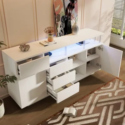 Obrázok produktu pre Komoda 160x40x75 cm, biela, s LED osvetlením a akryllovými nožičkami. Komoda vyrobená z MDF, s 4 zásuvkami, 2 dvierkami a nastaviteľnými poličkami