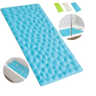 A collage of images showing a blue bath mat with a pebble-like texture, along with smaller images of green and white bath mats, and a close-up of the blue mat in a shower and a bathtub.