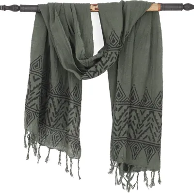Produktbild von Handgewebtes Baumwolltuch mit Tribalmuster, Blockdruck Webschal - Dunkelgrün, Uni, Baumwolle, 170*60 cm, Schals