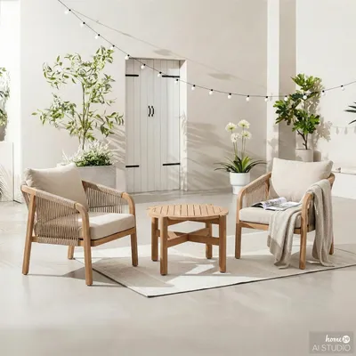 Produktbild von home24 Loungegruppe - 3-teilig - Akazie Massiv / Polyester - Akazie Braun / Beige