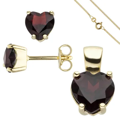 Produktbild von Schmuck-Set aus 333 Gold Gelbgold Granat-Herzen Ohrstecker Anhänger Kette 42cm