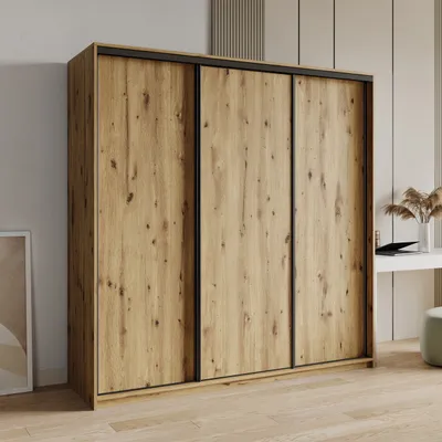Produktbild von Masseno Schiebetürenschrank NISSE 200/205/60 cm Kleiderschrank mit Schubladen Schlafzimmer Schrank 3-türig Eiche Artisan + Schwarz