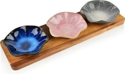 Produktbild von Servierbrett Porzellan/Holz Modern Kitchen Flower 32,5x10x1,2 cm (Schalen 11x10x3 cm, 80 ml) Rosa/Violett/Blau 3 Stück