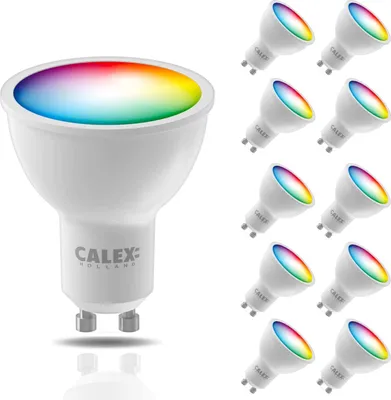 A single large smart LED bulb is shown on the left, with a group of nine smaller smart LED bulbs arranged on the right.