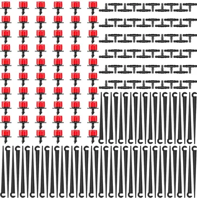 Produktbild von 180PCS Automatische Bewässerung Tropf Set, 60 Einstellbare Tropfer + 60 T-Steckverbinder + 60 Gartenschlauch-Halterung für Gärten, Gewächshäuser, Rasenflächen - Rot
