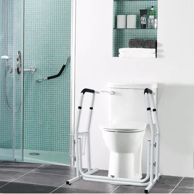 Produktbild von YZNAHRE Aufstehhilfe Toilette, WC Stützen Höhenverstellbar Haltegriffe ohne Bohren mit Armlehnen und Ablagekorb, Toilettenaufsatz für Senioren, bis 200 kg