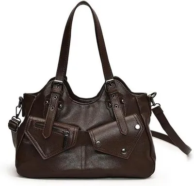 Produktbild von Große Damen-Tasche - Günstiger Strohhut-Shopper - Grosse Schultertasche - Einfache Kunstleder-Tasche - Schultertasche in Punk-Style - Reisetasche für Damen - Braun