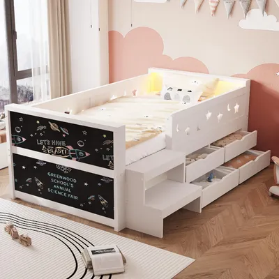 Produktbild von Flieks Kinderbett 90x200cm mit Tafel und Rausfallschutz, Kinder Holzbett Einzelbett mit Led, Hochbett mit Treppe und 4 Schublade, Weiß