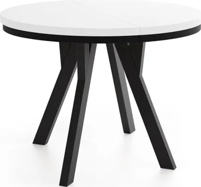 Produktbild von Runder Ausziehbarer Esstisch im Loft-Stil – Industrieller Tisch mit Schwarzen Holzbeinen – Platzsparender Esstisch für Wohnzimmer – Weiß – 100 bis 200 cm